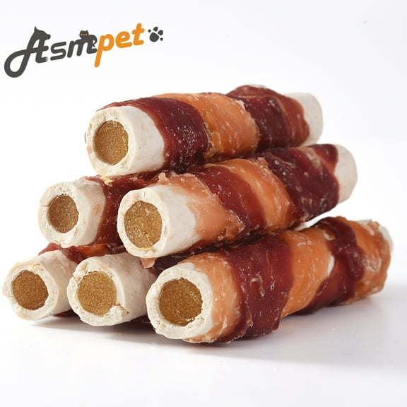 ASMPET Rawhide Dog Treats Chicken & Duck Wrapped Rawhide Sweet Potato Stick, Long Lasting Dog Bone, Teeth Cleaning for Medium Large Dogs, 10.6oz