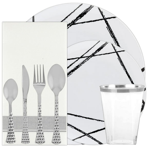 EcoQuality Black Brush Dinner Set Round Plastic Plates with Silver Spoon Fork Knives Tumblers, Disposable China Like Party Plate, Heavy Duty Salad Plates, Cutlery Table Set, Wedding, Tableware (10)