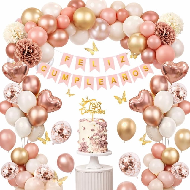 Kit de decoración de globos de cumpleaños oro rosa, 110 PCS Adorno de Fiesta, Globos Metálicos y Látex, Globos de Confeti, Guirnalda de Globos,Decoración de Cumpleaños para Mujer, Niña