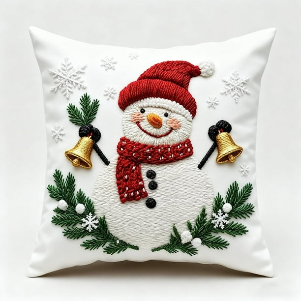Funda de almohada bordada navideña, acogedora funda de cojín de sofá con muñeco de nieve navideño tejido, funda de almohada rústica con caja de regalo y acebo rojo, funda de cojín decorativa para sof