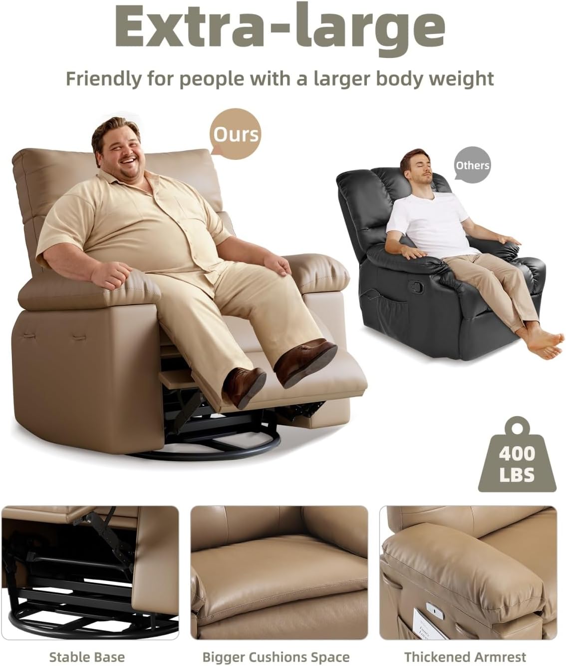 Oversized Recliner Chairs with Massage and Heat - 360° Swivel Lazy Rocking Chair for Adults with Remote Control for Living Rooms, Bedrooms and Nurseries - Tan
