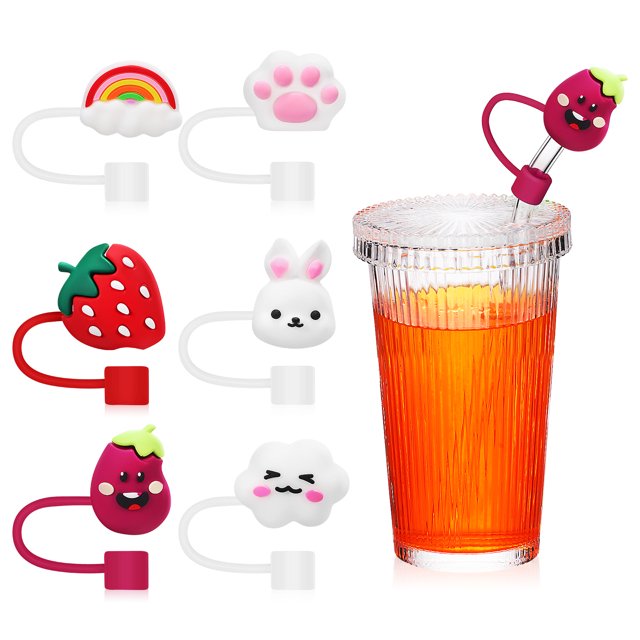 6 Pcs Straw Covers Straw Stoppers Drinking Straw Covers Reusable Straw Caps Straw Tip Covers. This set features six soft rubber straw caps in playful designs, including a rainbow, paw print, strawberry, bunny, eggplant, and cloud. Designed for straws with a 6-8mm diameter, these caps are durable, easy to install, and safe for repeated use. The image displays the caps next to a glass of orange drink with one cap attached to a straw.