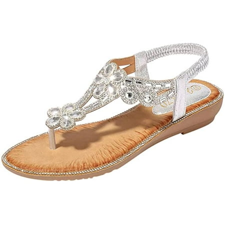 

Womens Summer Beach Rhinestone Flat Dress Sandals Comfortable Gladiator Bohemia Slip On Flat Sandals Shoes