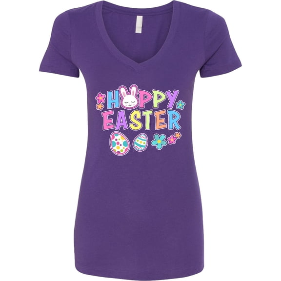 Inktastic Happy Easter with Bunny Face and Easter Eggs Women's V-Neck T-Shirt
