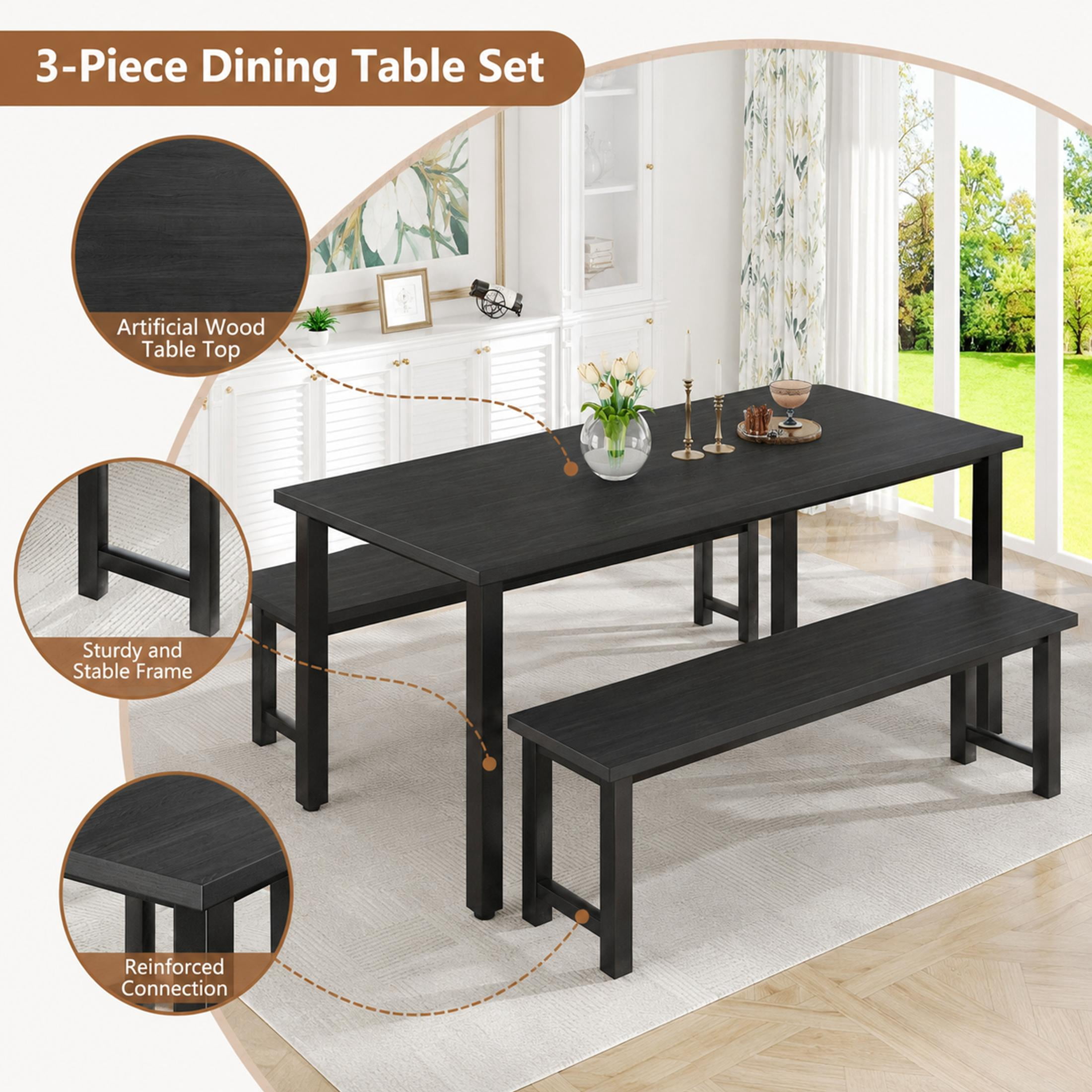 UHOMEPRO Dining Table Set for 4, Kitchen Table with 2 Benches, Modern Dining Room Table Set with Metal Frame, Breakfast Nook Furniture Set for Home Cafeteria Bar Kitchen, Black
