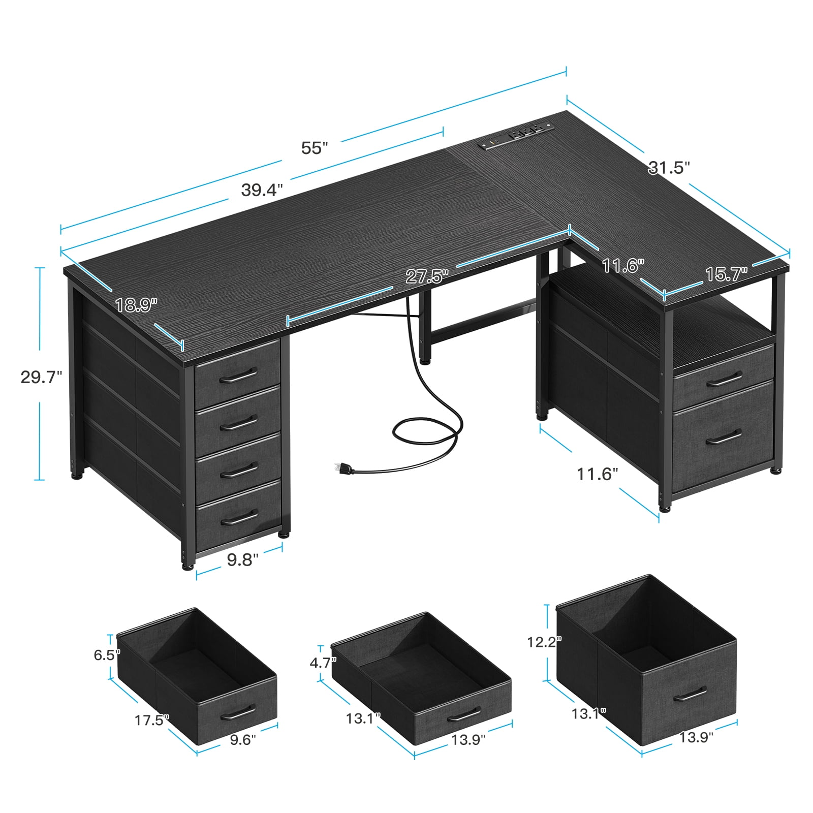 Casacomoda 55 inch Computer Desk with 5 Drawers and File Cabinet for Storage, Office Desk with Storage Shelf & Power Outlets, Home Office Desks,  Black