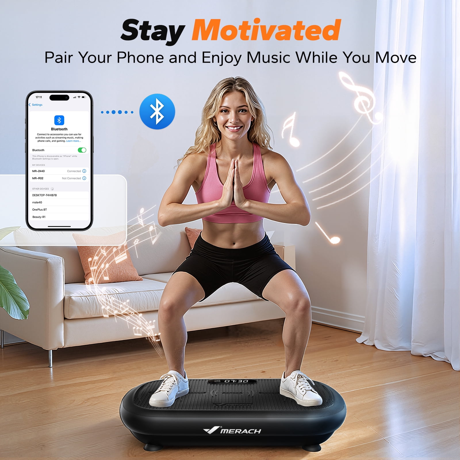 MERACH Vibrating Board - 440 lbs Support, Enhanced Motor, Bluetooth Sync, Full Body Fatburning, Home Gym Equipment