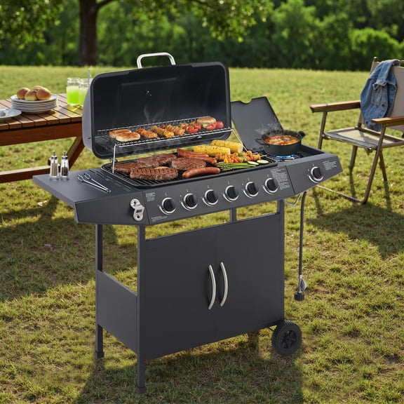Spaco 6-Burner Propane Gas Grill, 59000 BTU, Side Burner, Stainless Steel, Outdoor Backyard Cooking