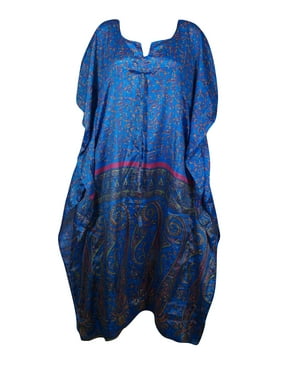 Mogul Women Maxi Beach Kaftan Dress, Recycle Sari Dark Blue Printed Caftan, Bikini Cover up Loose Dresses 2XL