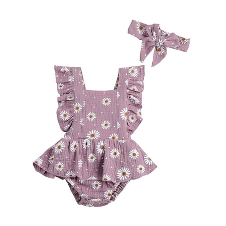 

Canrulo 2PCS Newborn Baby Girls Floral Pleated Crotch Buttons Romper Bowknot Headband Purple 18-24 Months