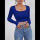 thumbnail image 5 of Tops Cortos de Larga para Mujer, con Cuello Cuadrado Acanalado, Ajustados, Informales, A para Dama Azul Real XS, 5 of 9