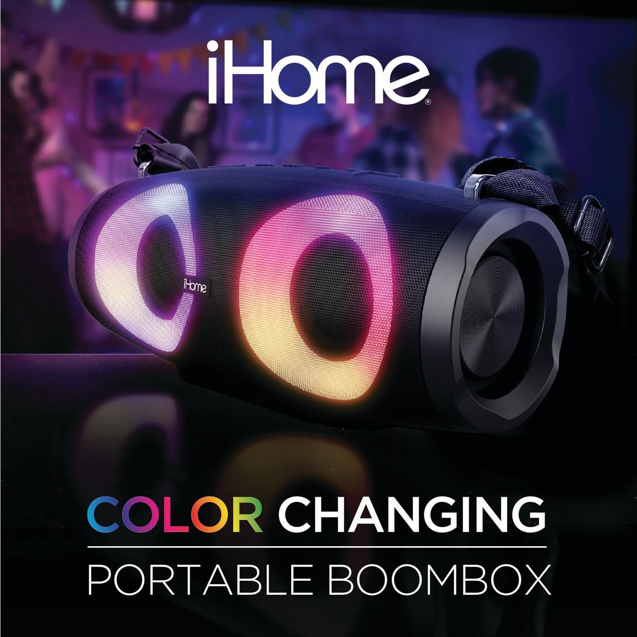 iHome Bluetooth Speaker Boombox, Portable Speaker with FM Radio and Color Changing Lights