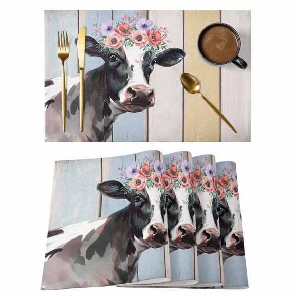 Farmhouse Cow Placemats Set of 4, Spring Floral Farm Animal Wooden Placemats for Dining Table, Place Mats for Kitchen Tabletop, Waterproof Wipeable Dining Table Mats Set