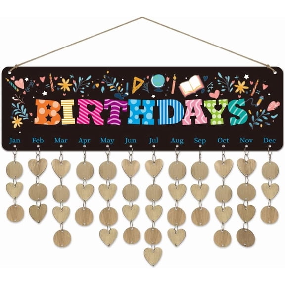1 Pc Wooden Family Birthday Reminder Calendar Board Heart Flower Book Tree Colorful Birthday Calendar Wall Hanging with 100 Tags Birthday Gifts Mother 4.7x15.7inch(12x40cm) Mixed Color 1set