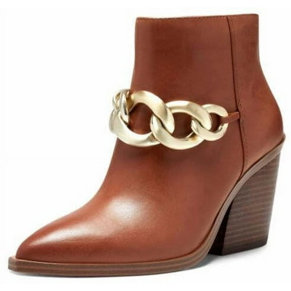 Vince Camuto Gethel Warm Caramel Tan Leather Pointed Toe Chain Block Heel Bootie (Warm Caramel, 6)