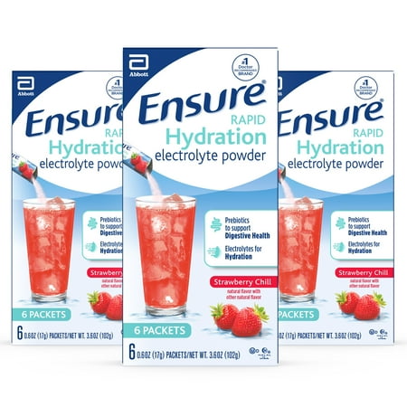 Ensure Rapid Hydration Electrolyte Powder, Prebiotics to Support Digestive Health, Strawberry Chill, Electrolyte Drink Powder Packets, 0.6 oz, 3 Packs of 6 (Total 18-Count)