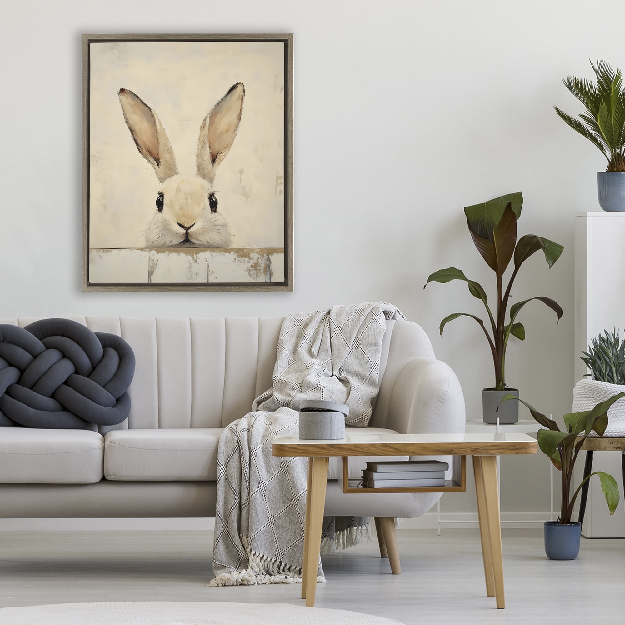 Stupell Industries Peeking Bunny in Soft Neutrals Brown Framed Floater Canvas Wall Art, design by LSR Design Studio
