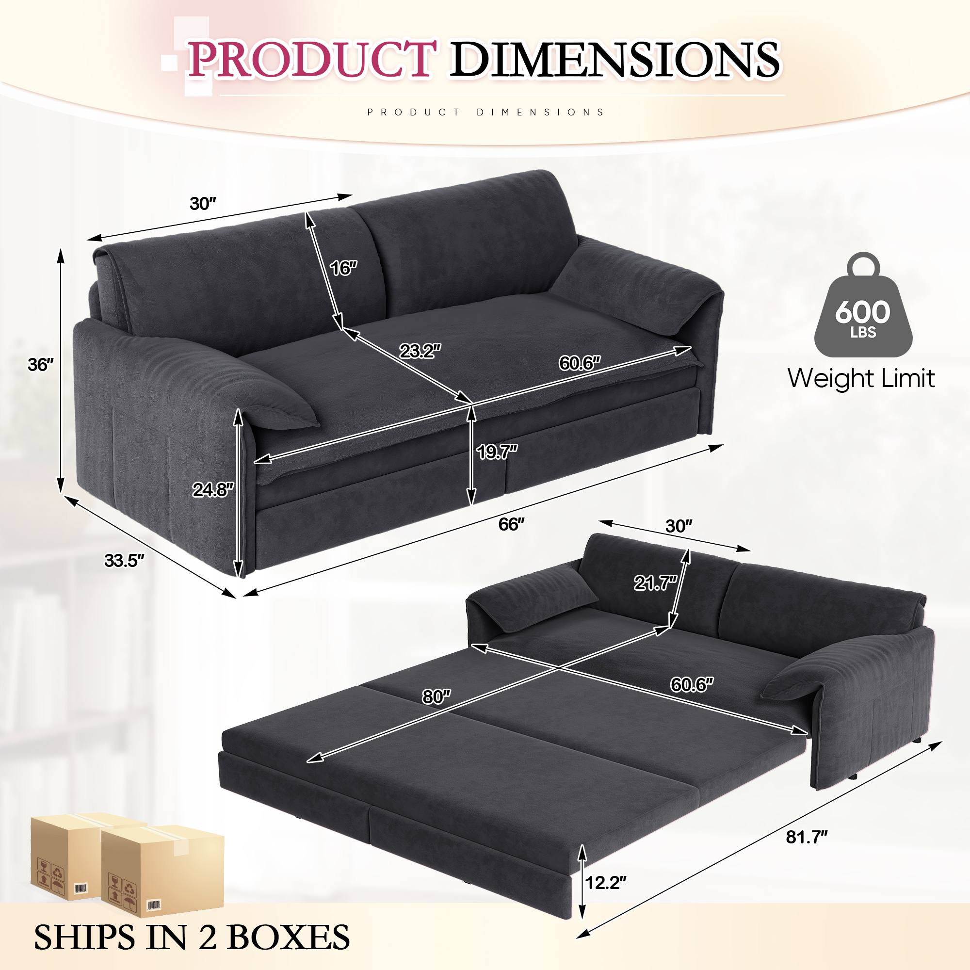 Timbernest 66" Futon Sofa Bed, 3 in 1 Convertible Sleeper Sofa Queen Size with Side Storage, Velvet Pull Out Sofa Bed, Gray
