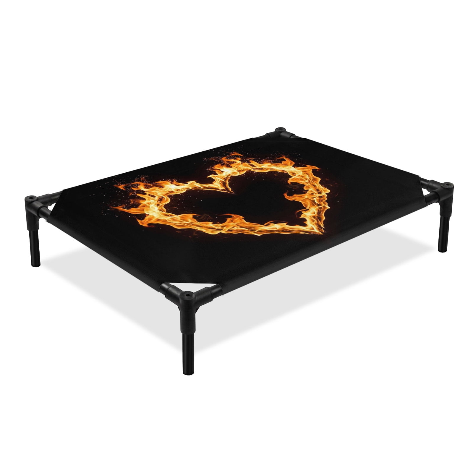 Fire Heart Elevated Dog Bed Romantic Black Background Cooling Breathable Outdoor Raised Dog Cot Bed with Metal Frame Non-Slip Feet for Medium Dog 24x20in