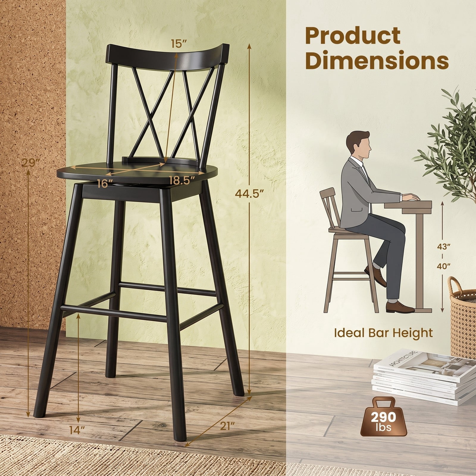 Furnibear Set of 2 Windsor Bar Stools 29 Inch Swivel Counter Height Stools with Ergonomic Backrest and Footrest, Rubber Wood Kitchen Island Dining Chairs, Black