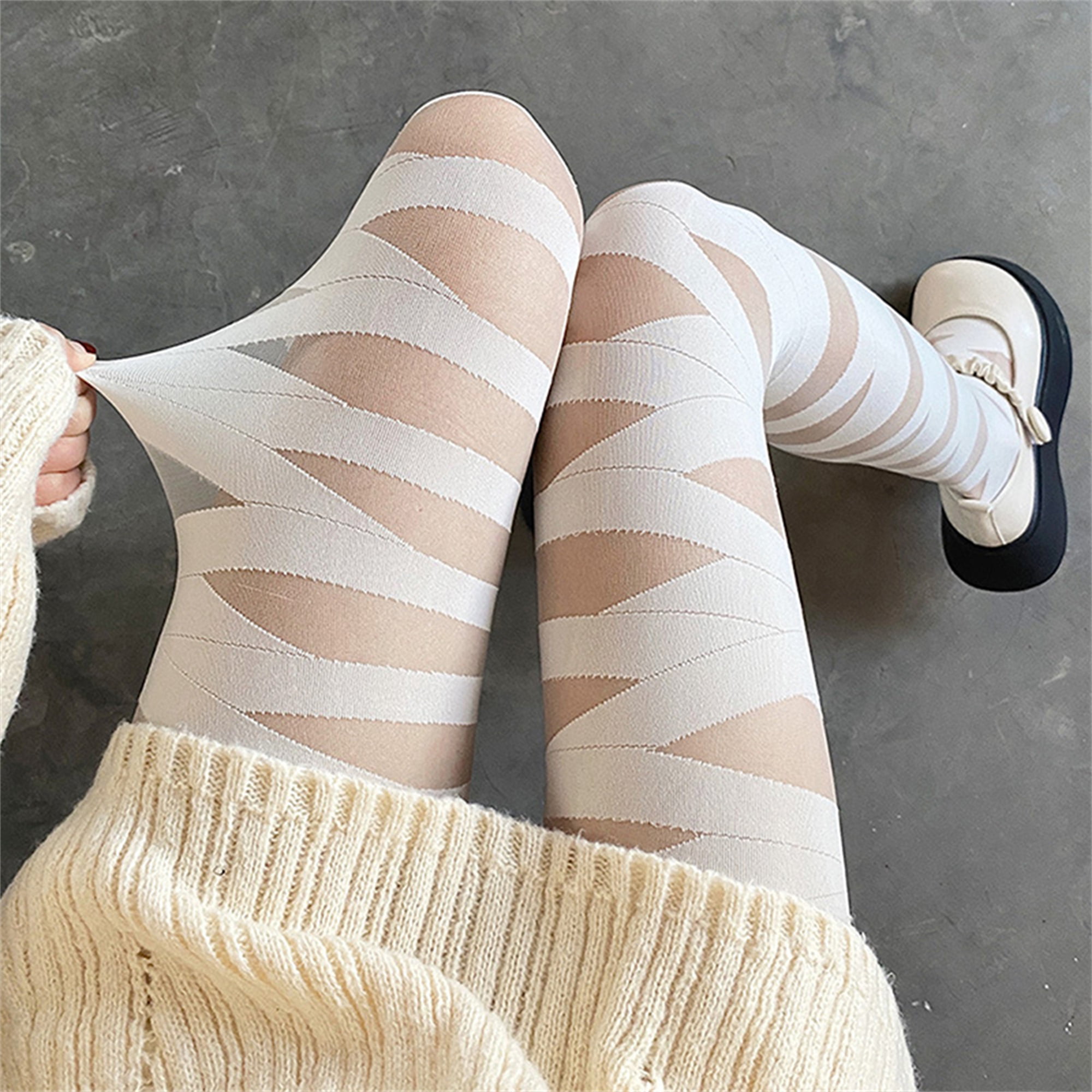 JYYYBF Women Sheer Mesh Tights See Through High Waist Cross Tie-Up Bandage  Print Pantyhose Silk Stockings White One Size 