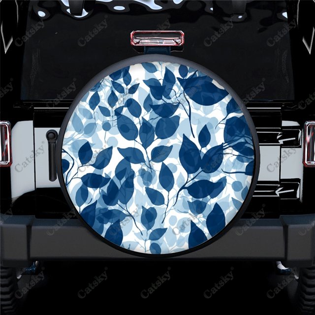 Abstract Modern Blue Leaves Pattern Polyester Universal Spare Wheel Tire Cover Wheel Covers for Trailer RV SUV Truck Camper