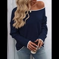 thumbnail image 4 of Suéteres de Otoño 2025 para Mujer, Informales, de Cuello Redondo, con Contraste, de Larga, de Punto, Tops Tipo Jersey Azul Marino M, 4 of 7