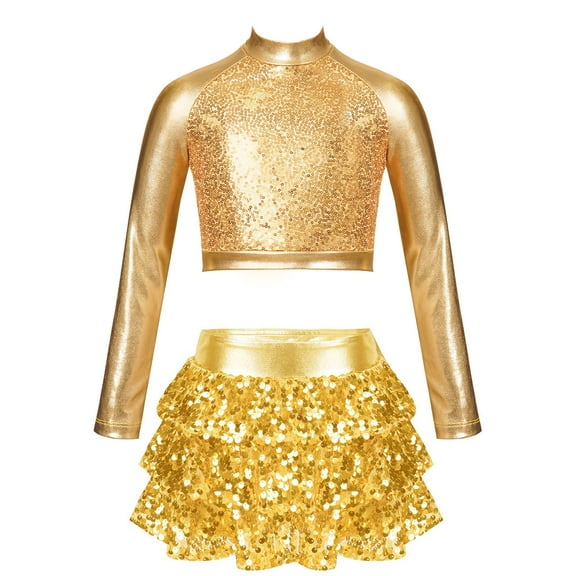 Alvivi Kids Girls Sequins Long Sleeve Crop Top with Culottes Jazz Hip Hop Modern Dance Costume Gold 6