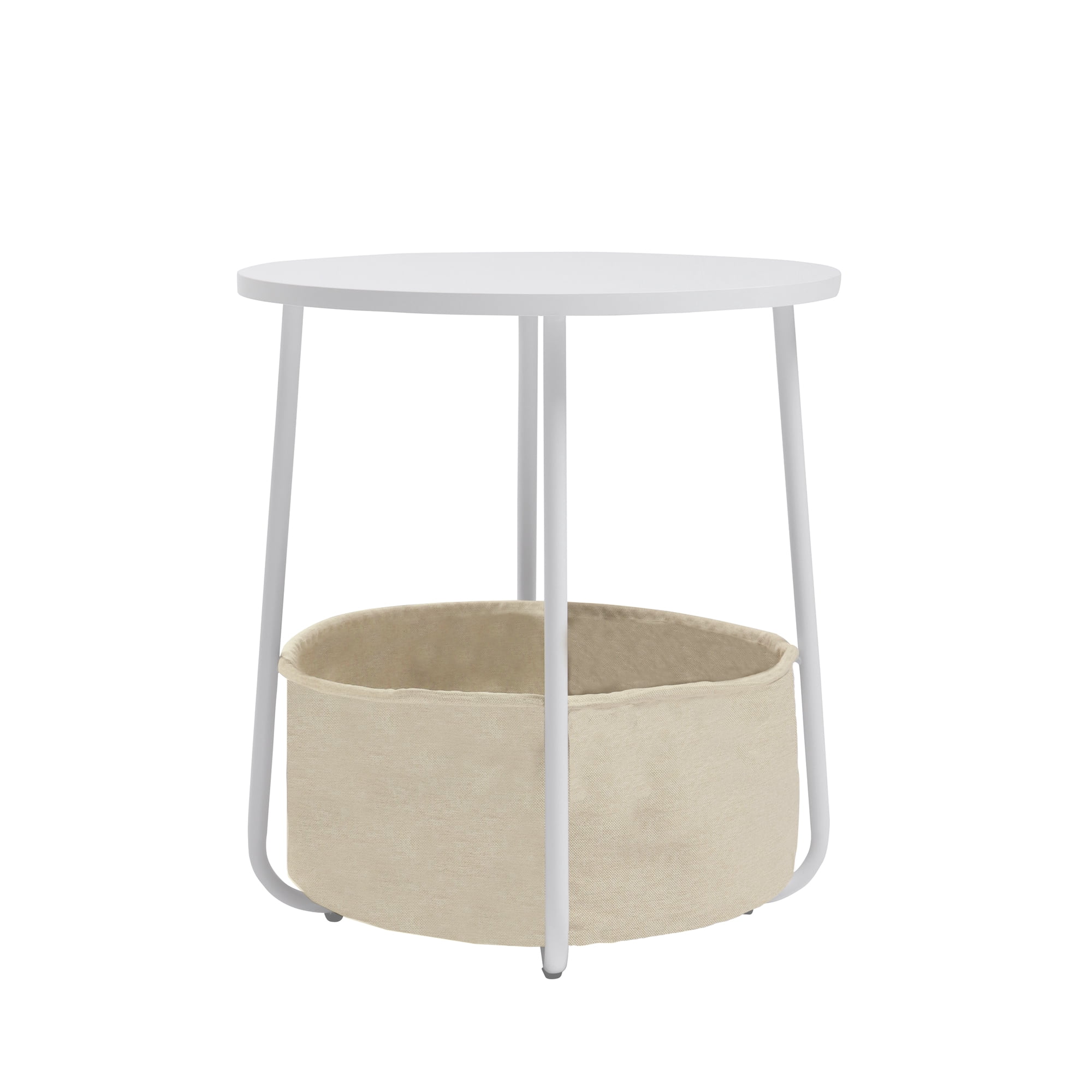 Small Round Side Table, Modern Nightstand with Fabric Storage Basket, U-Shaped Steel Frame End Table for Living Room Bedroom