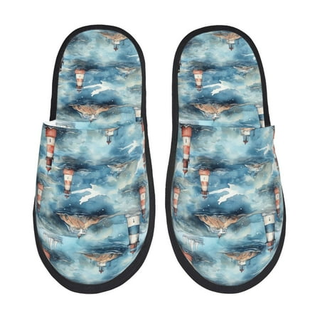 

Tideii Sea Marine And Lighthouse for Home Indoor Cotton Slippers Autumn and Winter EVA Plush Slippers Household Supplies Unisex-Large