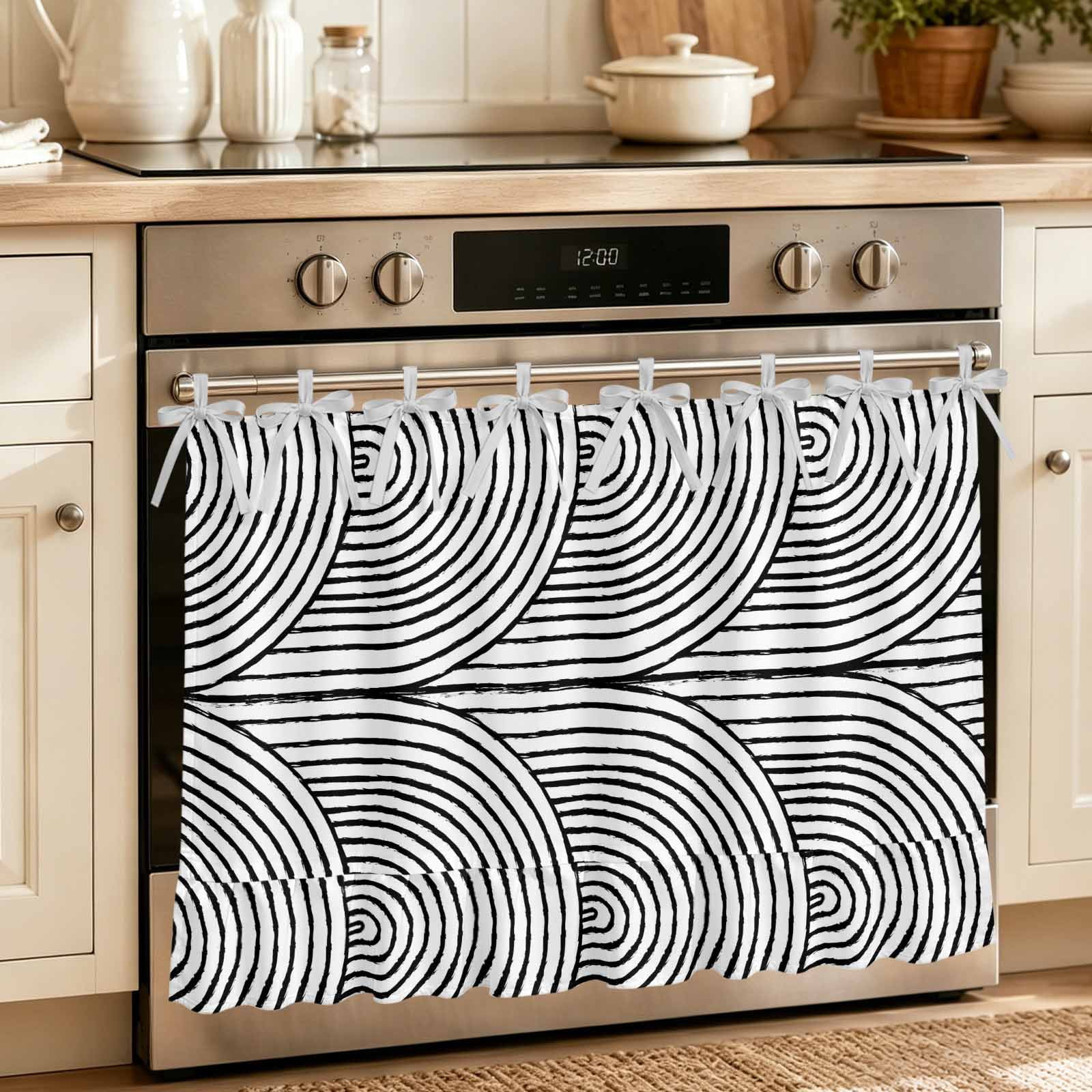 Oven Skirt Curtain for Kitchen 20x27 Inch Modern Geometric Art Oven Curtain with 8 Ribbon Ties & Ruffle Trim Stove Skirt Curtain Dishwasher for Cabinets Sinks Middle Century Bohemia Lines Black