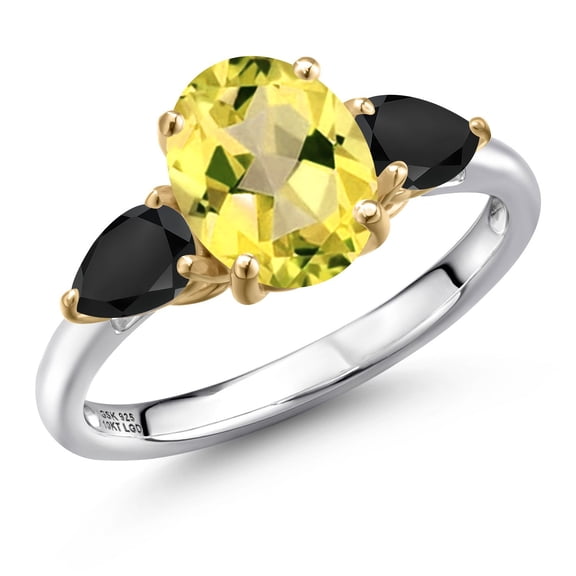 Gem Stone King 925 Silver and 10K Yellow Gold Canary Mystic Topaz and Black Onyx Engagement Ring for Women | 2.76 Cttw | Oval 9X7MM | Gemstone November Birthstone | Size 9