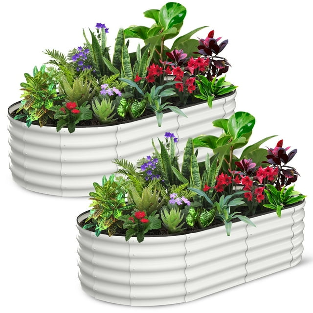 BeesClover 2 Pcs Oval Raised Garden Bed, Raised Beds for Outdoor,Planter Raised Boxes,Open-Ended Base Metal Raised Planter Beds,Large Metal Garden Box for Vegetables, Flowers, Tool-Free Assembly
