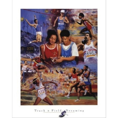 Track & Field Dreaming by Clemente Micarelli 22x28 Art Print Poster Sports Young Boy and Girl Dreaming of Being Track and Field Stars Holding Gold Medal and Trophy