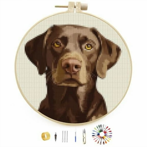 DIY Stamped Cross Stitch Kits Brown Labrador Dog Easy for Beginners with Hoop 11CT Counted Embroidery Needlepoint Crafts Arts for Handmade Enthusiasts and Home Decor 30x30cm(1)