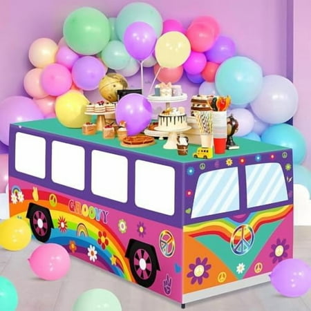 6Ft 60's Hippie Bus Tablecloths Groovy Van Birthday Party Decorations Tie Dye Daisy Table Cover Washable Fabric Polyester Rectangle Table Cloth Protector for Retro 60s 70s Theme Birthday Supplies