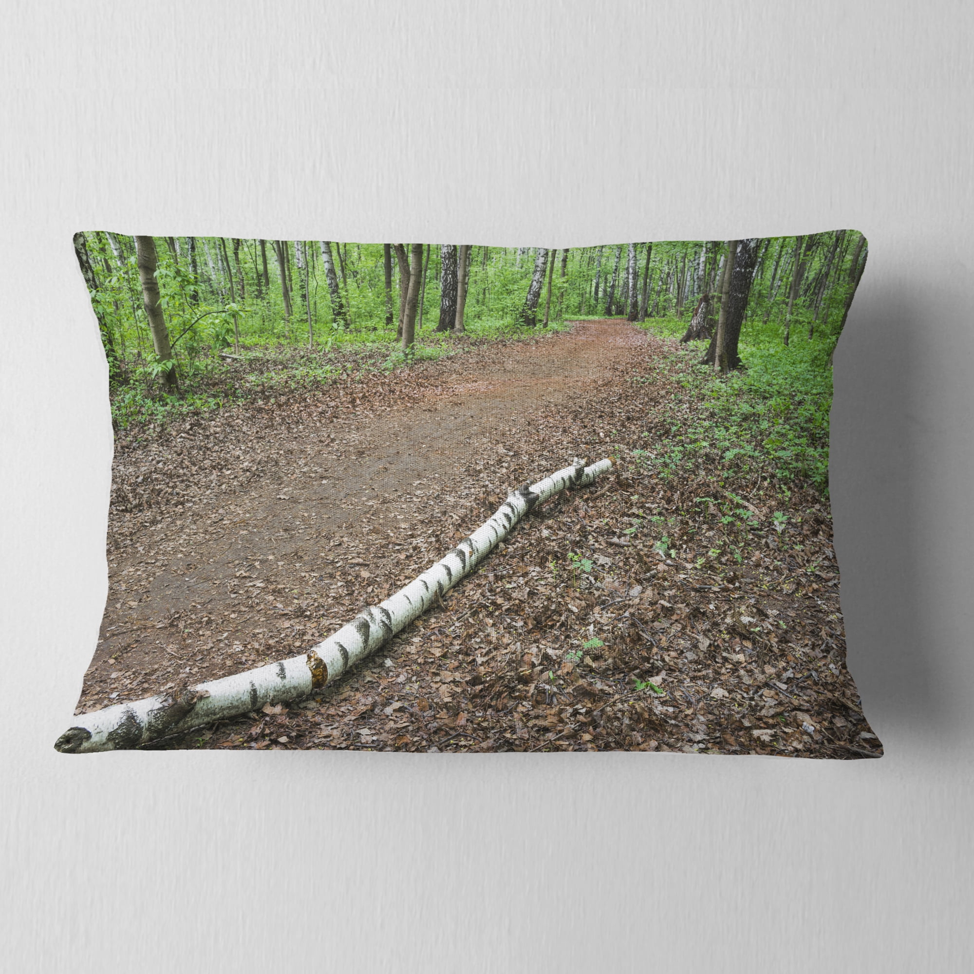Designart Trunk of Birch on the Track - Contemporary Landscape Printed Throw Pillow - 12x20