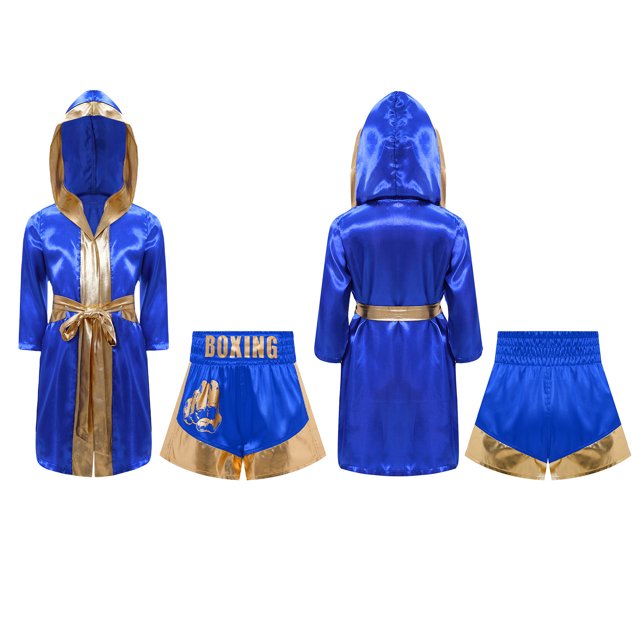 Raenseen Boys Boxing Outfits Metallic Satin Robe with Shorts Boxer Party Royal Blue&Gold 16