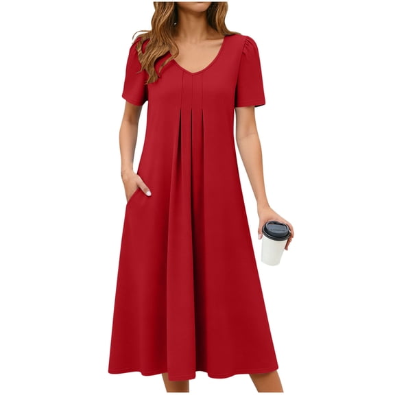 BUIGTTKLOP Women's Summer Formal Dresses Pleated Front Short Sleeve V Neck Dress Loose Fitted Beach Sundress with Pocke