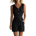 thumbnail image 2 of Yteetum Jumpsuits for Women Summer Sleeveless V Neck Cotton Button Waist Tie Rompers Womens Casual Solid Loose Lightweight Comfy Beach Travel Vacation Overalls, 2 of 8