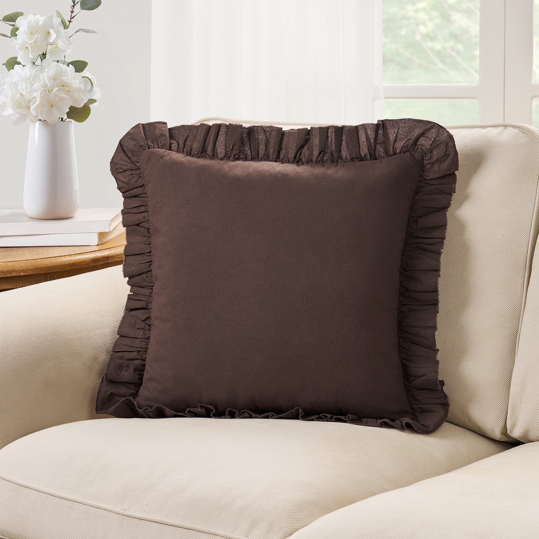 My Texas House Brown Ruffle Cotton Decorative Pillow, 18 in x 18 in