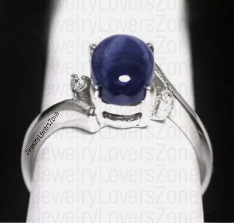 JewelryLoversZone 925 Sterling Silver Blue Star Sapphire Gemstone Ring 6-Ray Gems Engagement Ring Handmade Jewelry Gift for Women Gold 5.5
