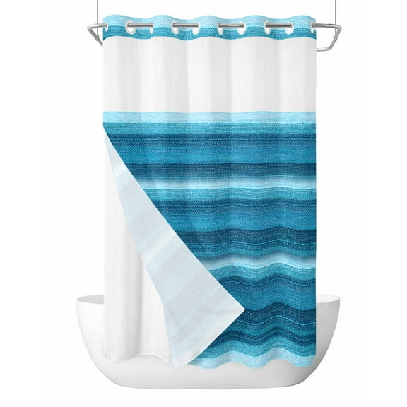 No Hook Shower Curtain with Snap-in Liner, Turquoise Teal Ombre Waterproof Fabric Bathroom Curtains, Farmhouse Modern Abstract Striped Bath Curtains & Mesh Top Window Stand Up Stall 36"x72"