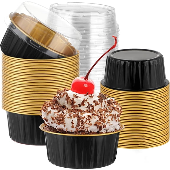 30 Pcs Aluminum Foil Baking Cup Tutuviw 5oz Disposable Ramekins with Lids Mini Cupcake Liners Flan Mold Mini Cake Pans Storage Box Stackable Portable for Pudding Desert Creme Brulee (Black/Gold)