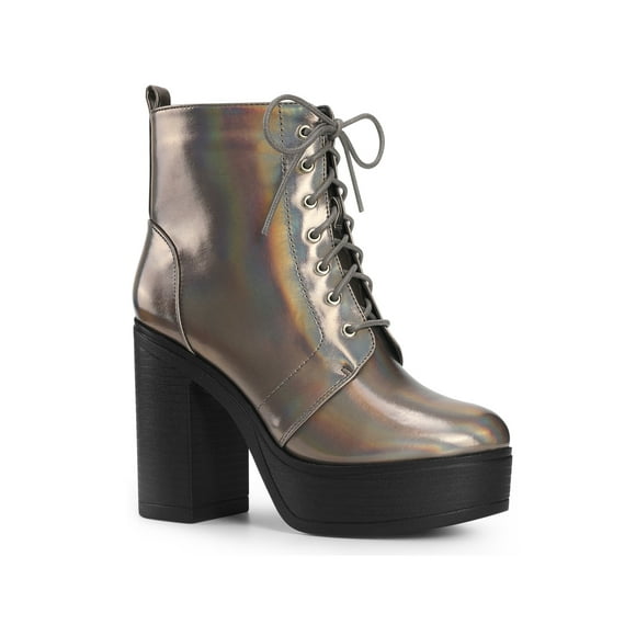 BLISSFUL STEP Women's Boot Side Zip Platform Chunky Heel Combat Boots Gunmetal 6.5