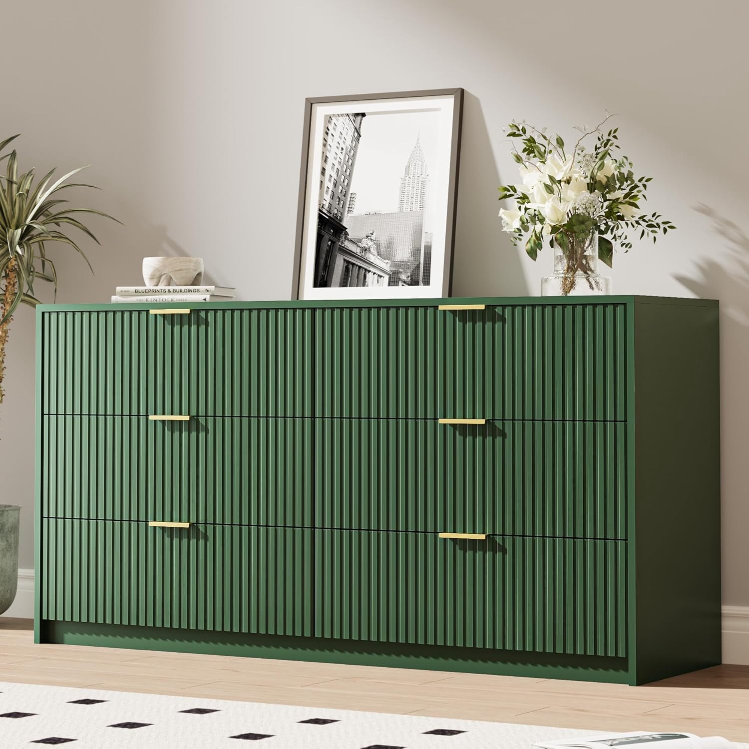 FURNIWAY Green 6 Drawer Dresser for Bedroom, 55 Inch Wide Modern Chest of Drawers with Fluted Wood Front and Gold Metal Handles for Living Room Hallway