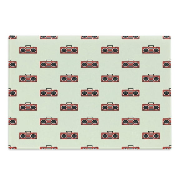 Hip Hop Cutting Board, Rap Breakdance Style Musician Instrument Retro Nostalgic Minimal Motifs, Decorative Tempered Glass Cutting and Serving Board, Large Size, Vermilion Black Cream, by Ambesonne