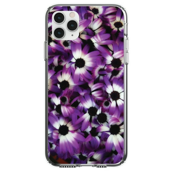 DistinctInk Clear Shockproof Hybrid Case for iPhone 11 (6.1" Screen) - TPU Bumper, Acrylic Back, Tempered Glass Screen Protector - Purple White Black Flowers