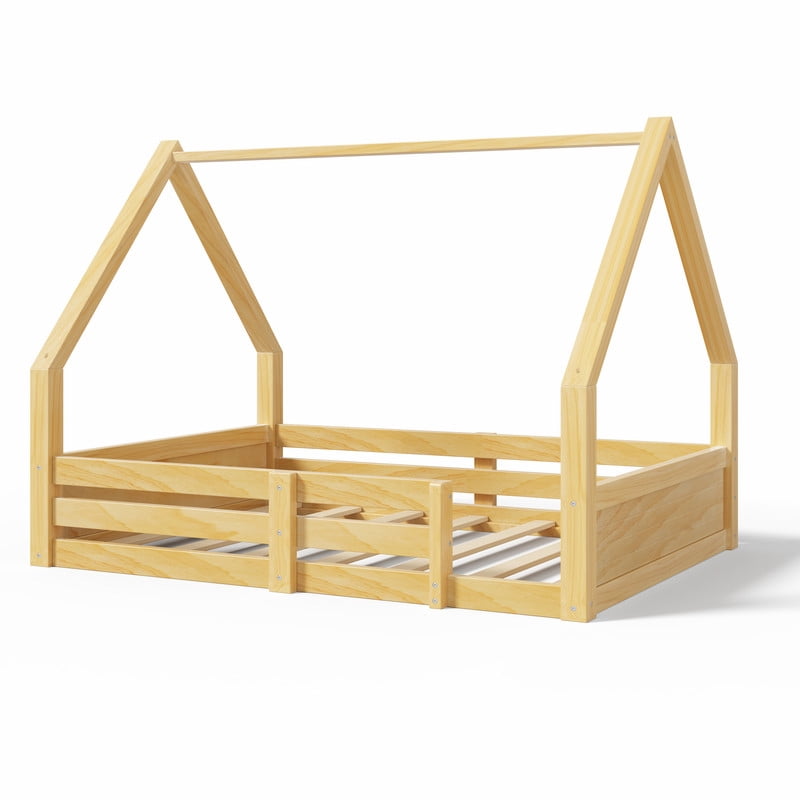 Euroco Wood Full Size Platform Bed, Low Profile House Floor Bed with Guardrails, White