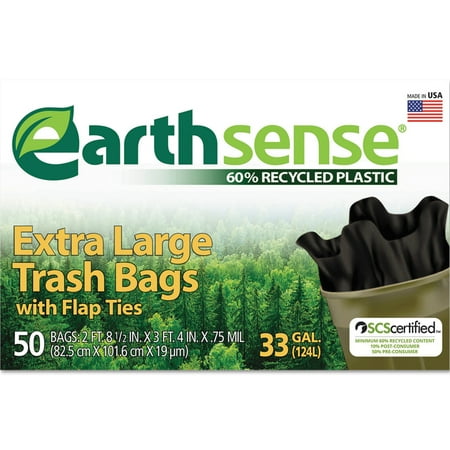 Earthsense Large Trash Bags, 33gal, .75mil, 32.5 x 40, Black, 50 Bags/Box